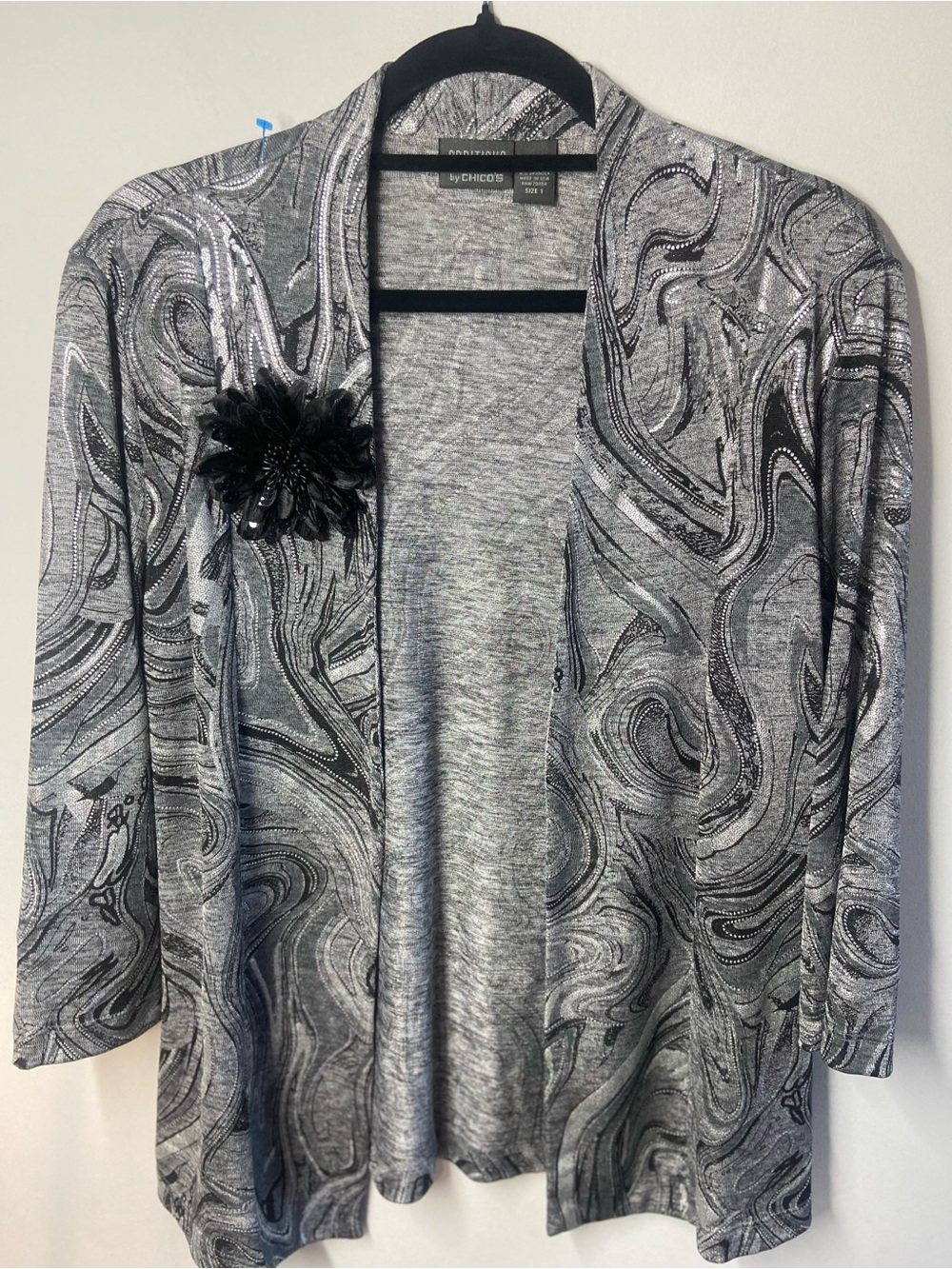 Chico's Silver Gray Swirl Open-Front Cardigan with Black Floral Brooch